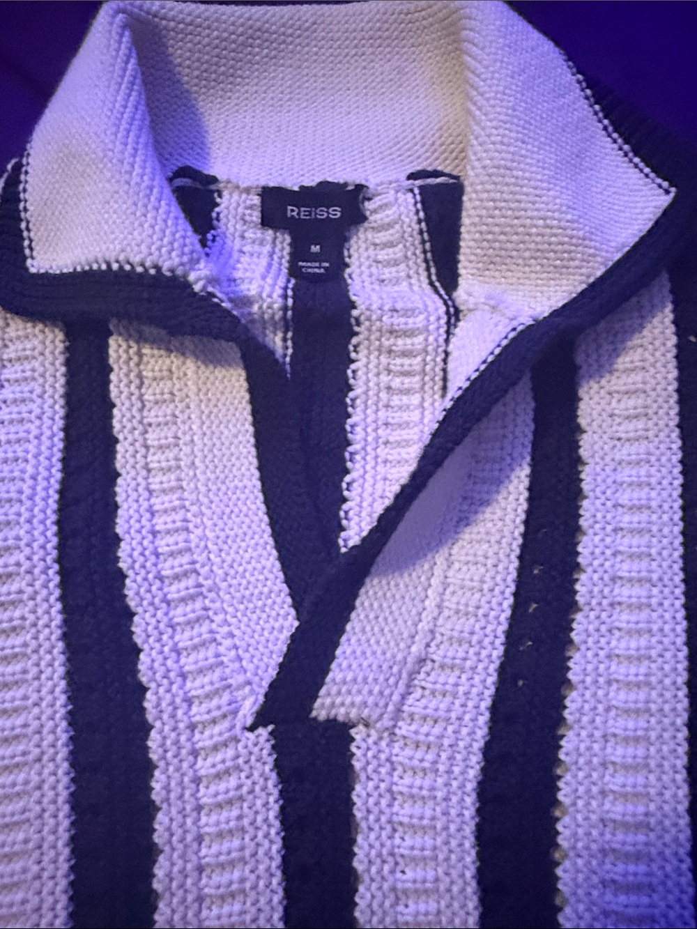 Reiss Black and Cream Striped V‑Neck Polo Sweater
